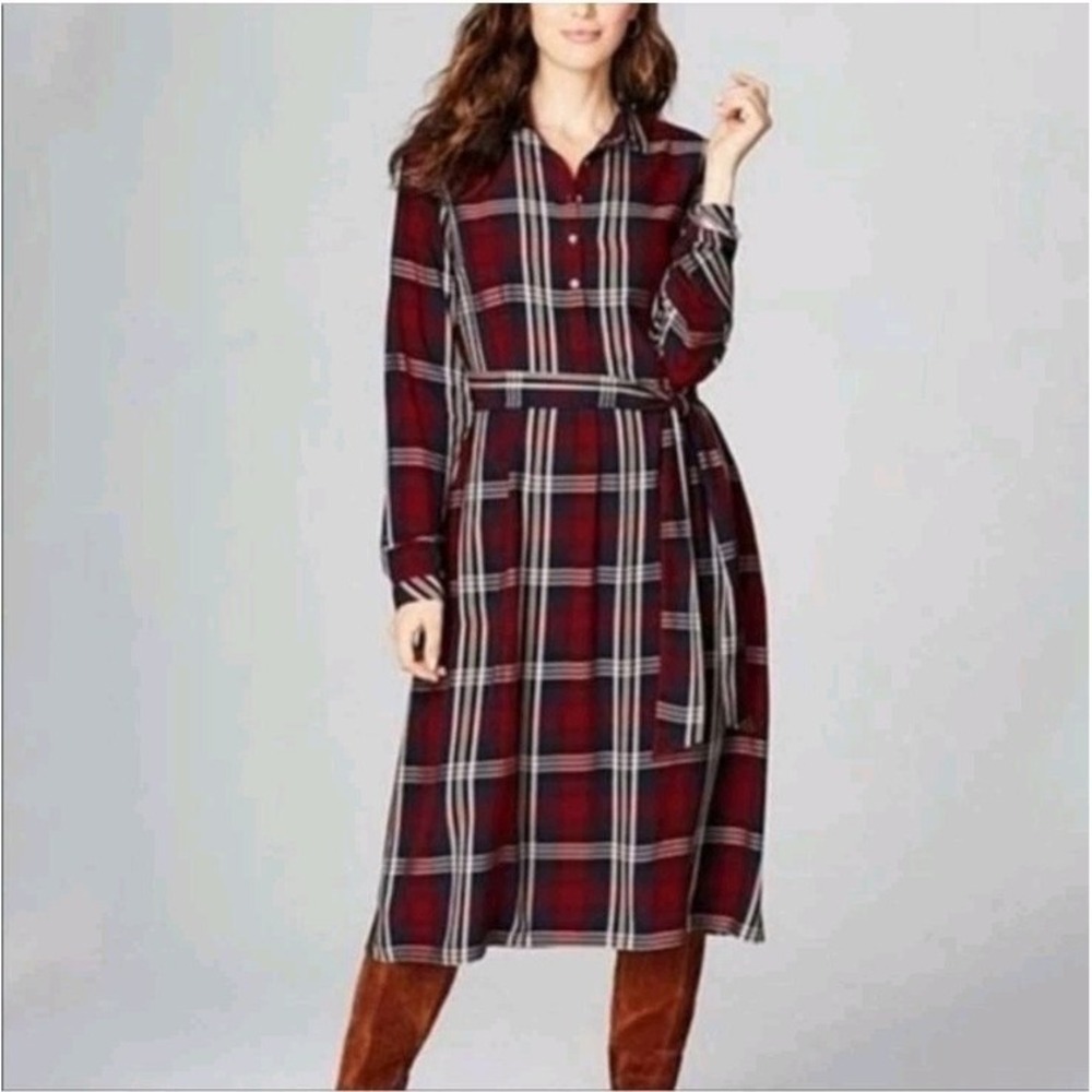 J. Jill Red White Blue Button Up Long Sleeve Tie Waist Midi Shirt Dress Med Tall